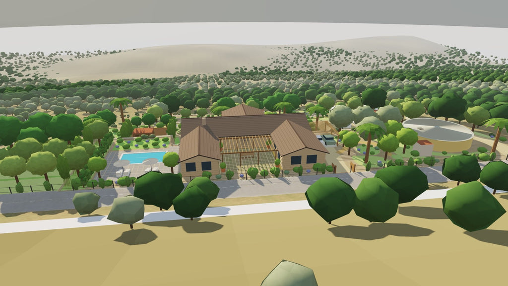 Lumina, Jete, Granada: 3D model of the arrival, house, pool and water tank seen from above