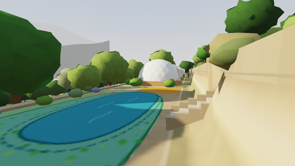 Lumina: 3D model of the natural swimming pool, sun deck and geodesic dome on the event terrace