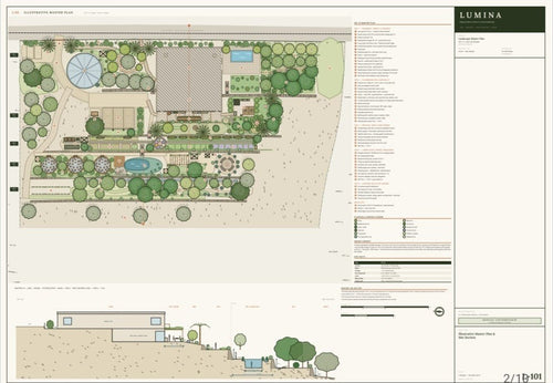 Lumina drawing set, sheet L-101: illustrative master plan and site section