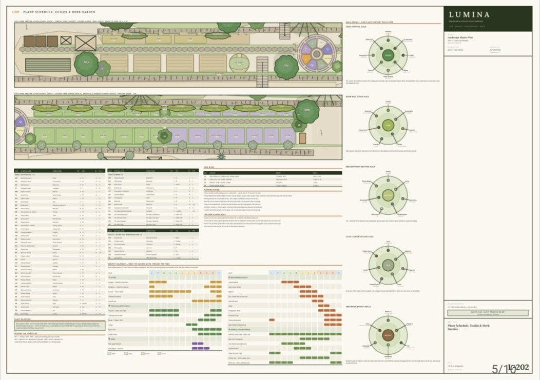 Lumina drawing set, sheet L-202: plant schedule, guilds and harvest calendar