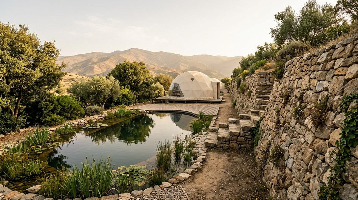 Lumina: photoreal visualisation of the natural swimming pool, sun deck and geodesic dome