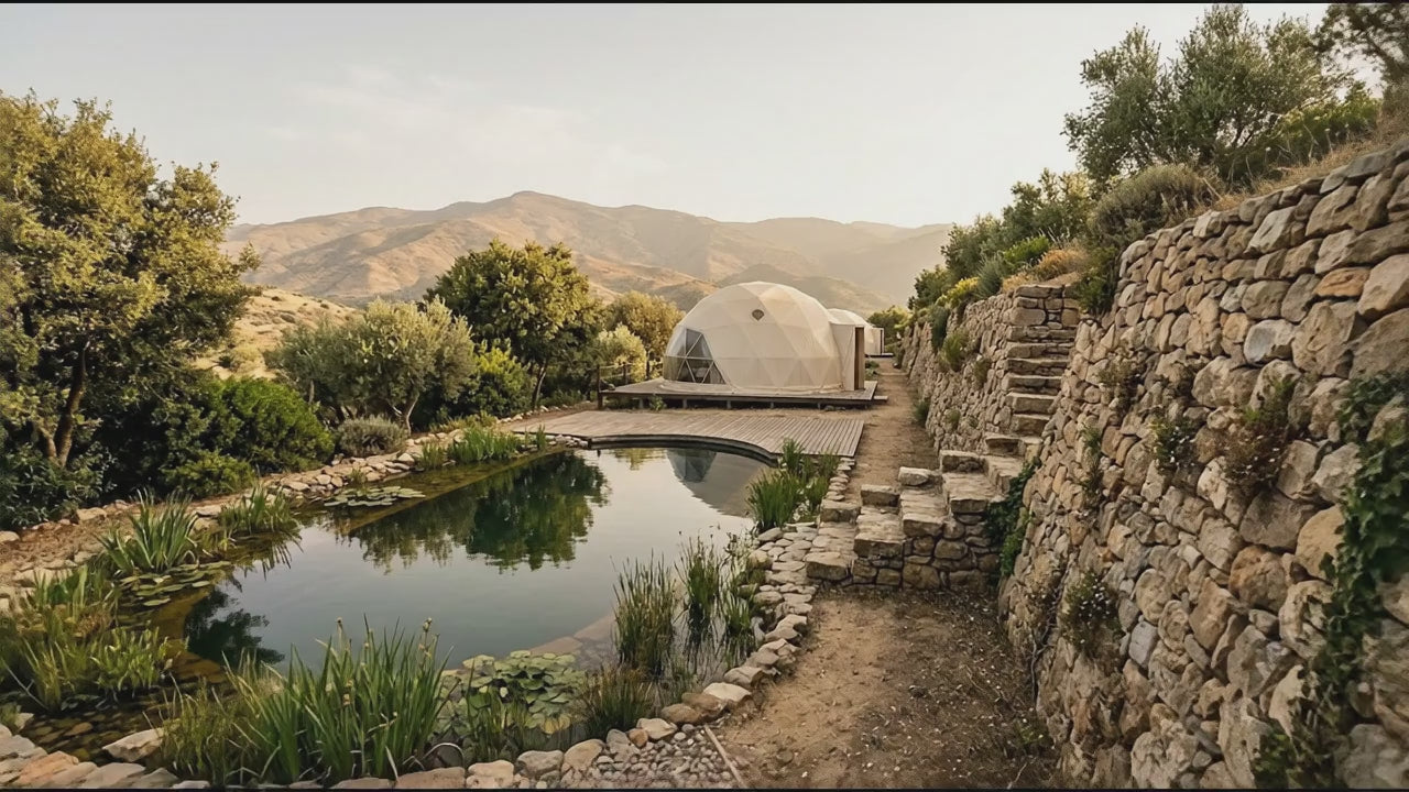 Lumina fly-through film: the natural swimming pool, the dome and the terraced herb and medicine garden