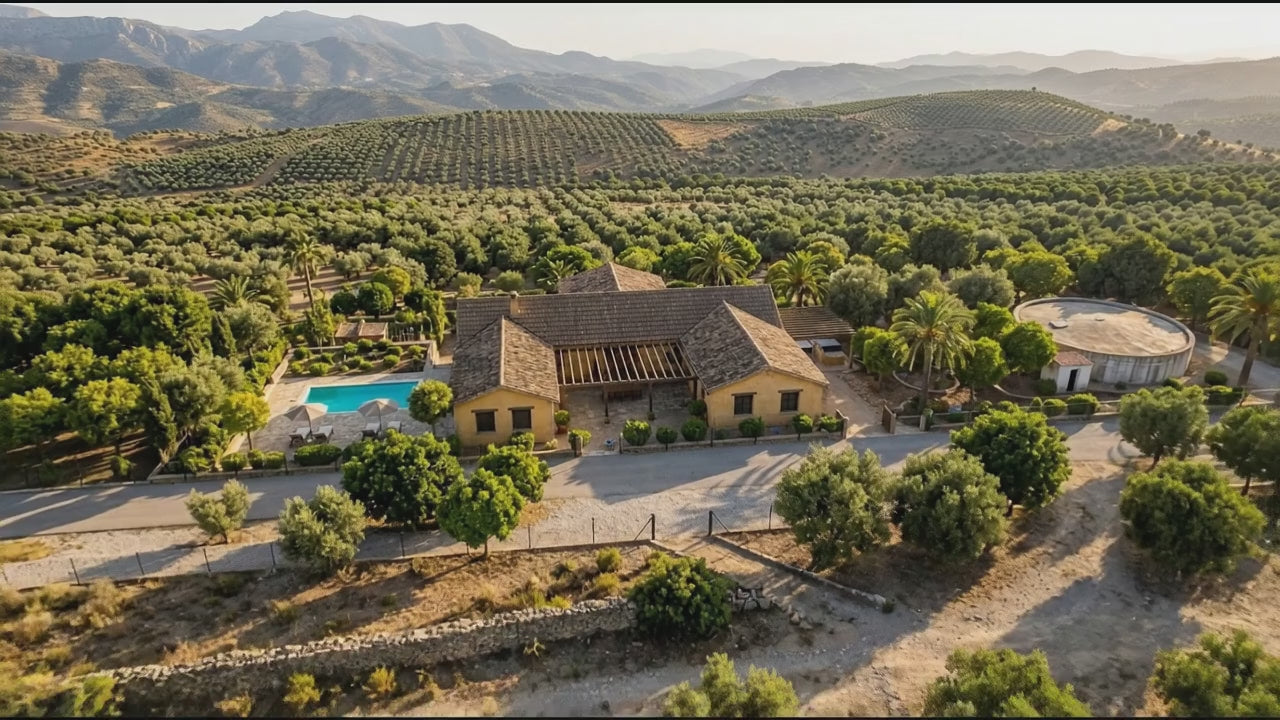 Lumina fly-through film: drone approach over the orchards to the house, the pool and the outdoor kitchen terrace